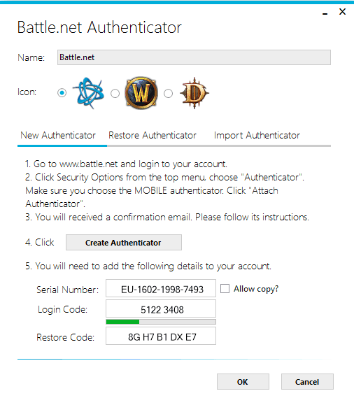 WinAuth Screenshot of generating a Battle.net Authenticator