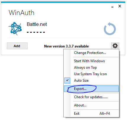 Screenshot of WinAuth. Click on Gear, Choose Export.