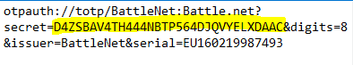 Screenshow showing WinAuth Export of Battle.Net Authenticator, with Secret highlighted.