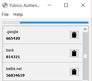 YubiKey authenticator screenshot showing several entries with auth codes.