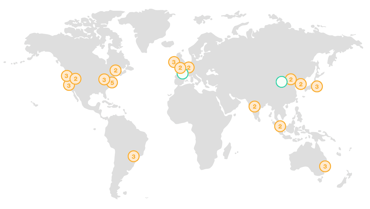 AWS world map showing DC regions in Virginia, Oregon, California, Ireland, Frankfurt, Singapore, Tokyo, Seoul, Sydney, Sao Paulo, and China