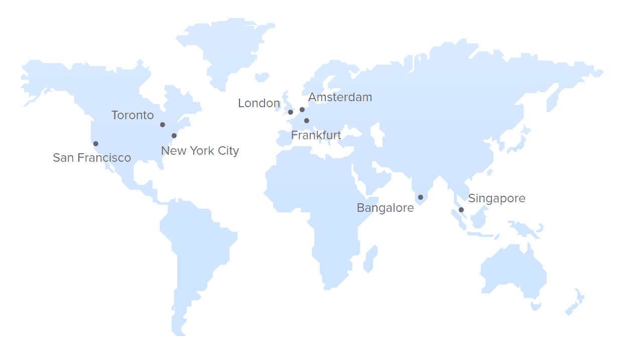 DigitalOcean World Map showing DC locations in Toronto, San Francisco, New York City, London, Amsterdam, Frankfurt, Bangalore, and Singapore