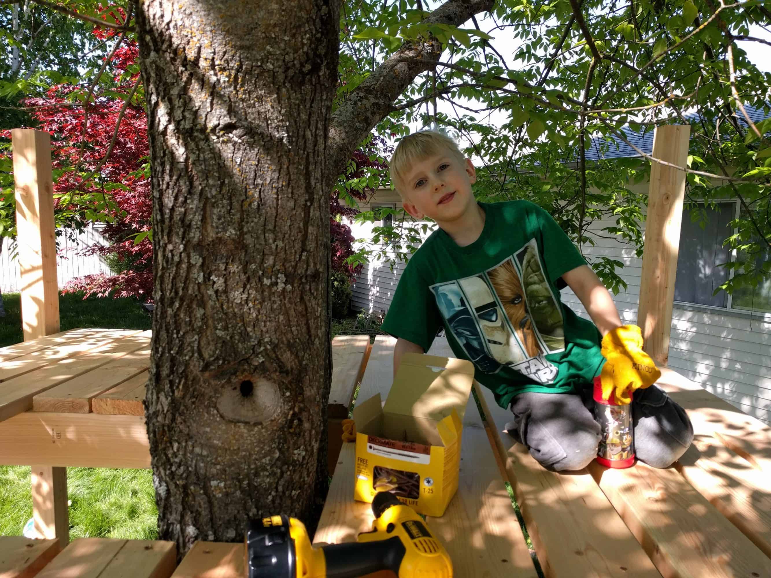 Floor boards are down, Eli on top of treefort. Drill and a box of screws. Eli wearing gloves.