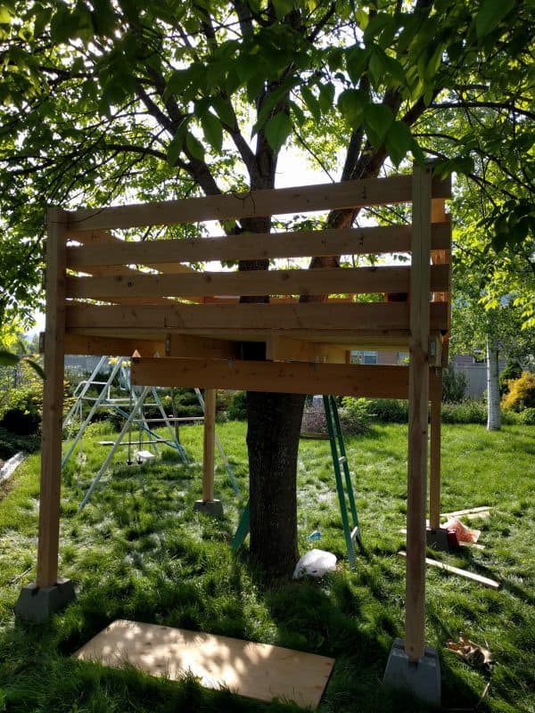 Outside of tree-house showing completed wall