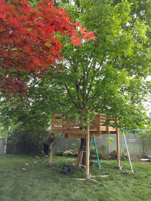 Eli climbing cargo net up to treehouse