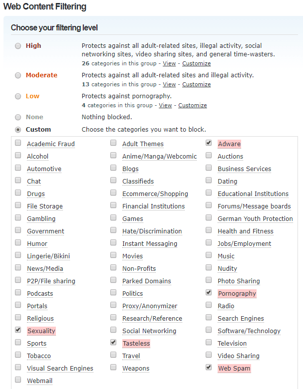 OpenDNS Filtering Categories