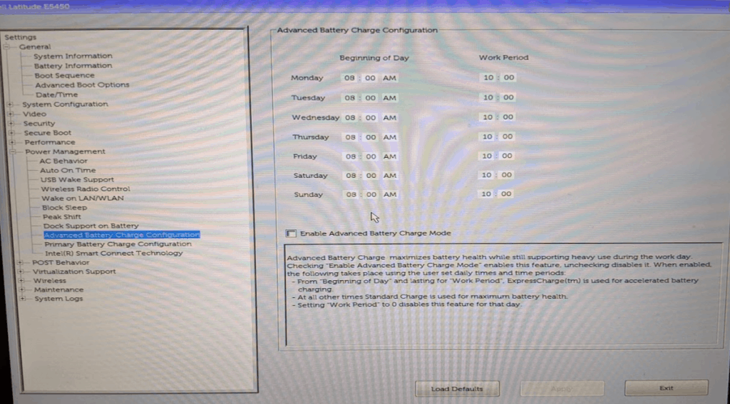 Dell BIOS Settings for Battery