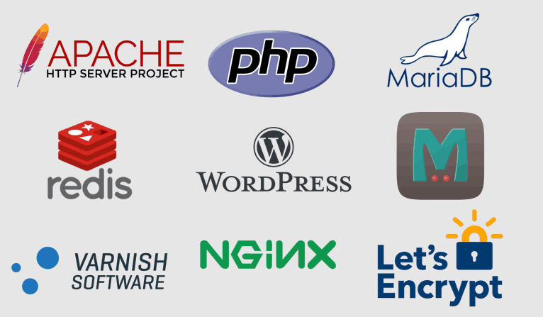 Logos of Apache, PHP, MariaDB, redis, WordPress, Memcache, Varnish, NGINX, and Let's Encrypt