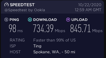 Speedtest results showing 98ms pin, 834 Mbps down and 846 up.