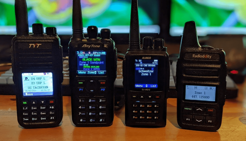 Comparison of the TYT MD-UV380,  AnyTone AT-D878UVII Plus, Alinco DJMD5TGP, and Radioditty 73A.