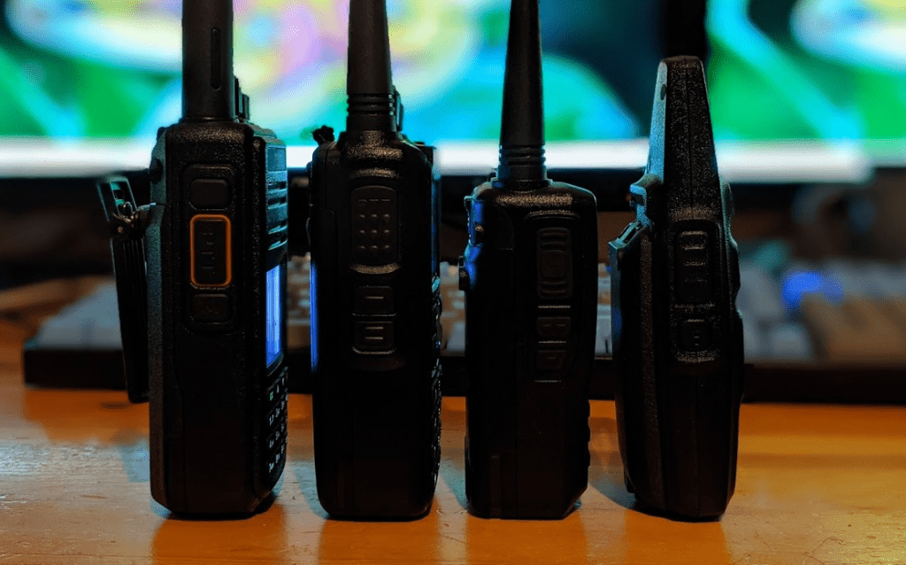 Side profile comparison of the TYT MD-UV380,  AnyTone AT-D878UVII Plus, Alinco DJMD5TGP, and Radioditty 73A.