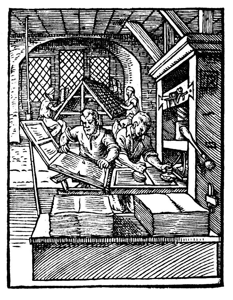 Sketch of people operating a printing press