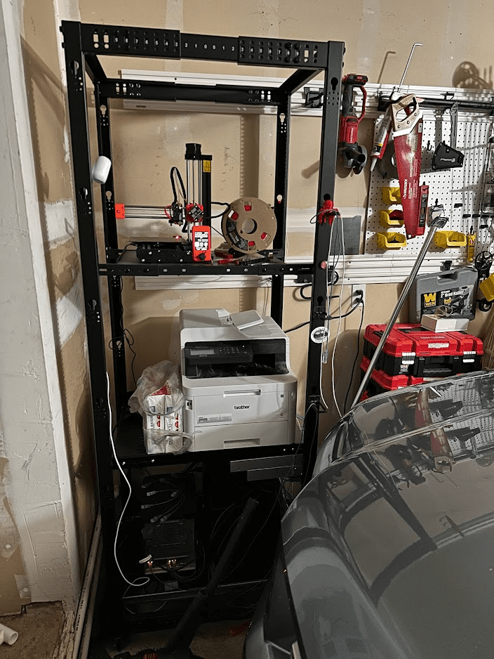 Server rack with car parked in the garage