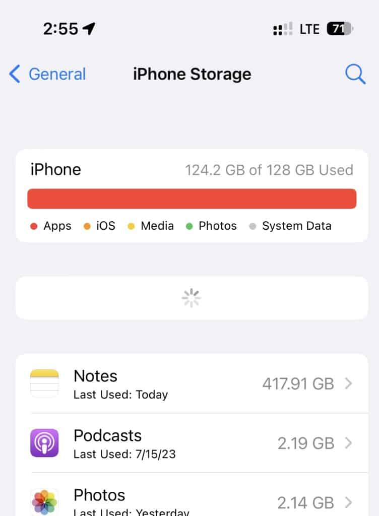 Apple Notes out of space on iPhone