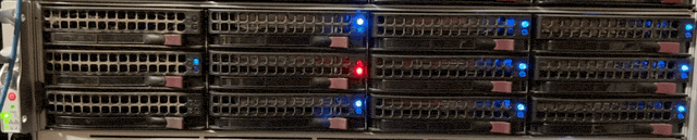 Supermicro 12-bay server with blinking lights and 1 failed drive