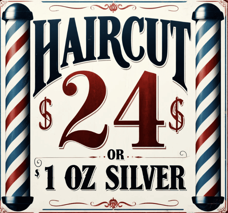 Barber sign reading Haircut $24 or 1 oz of silver