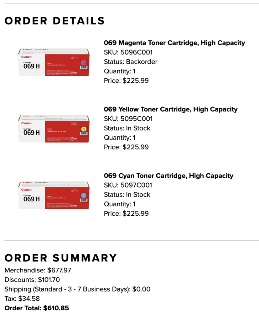 Order confirmation showing a total of $610.85 for 3 color Canon Toner Cartridges