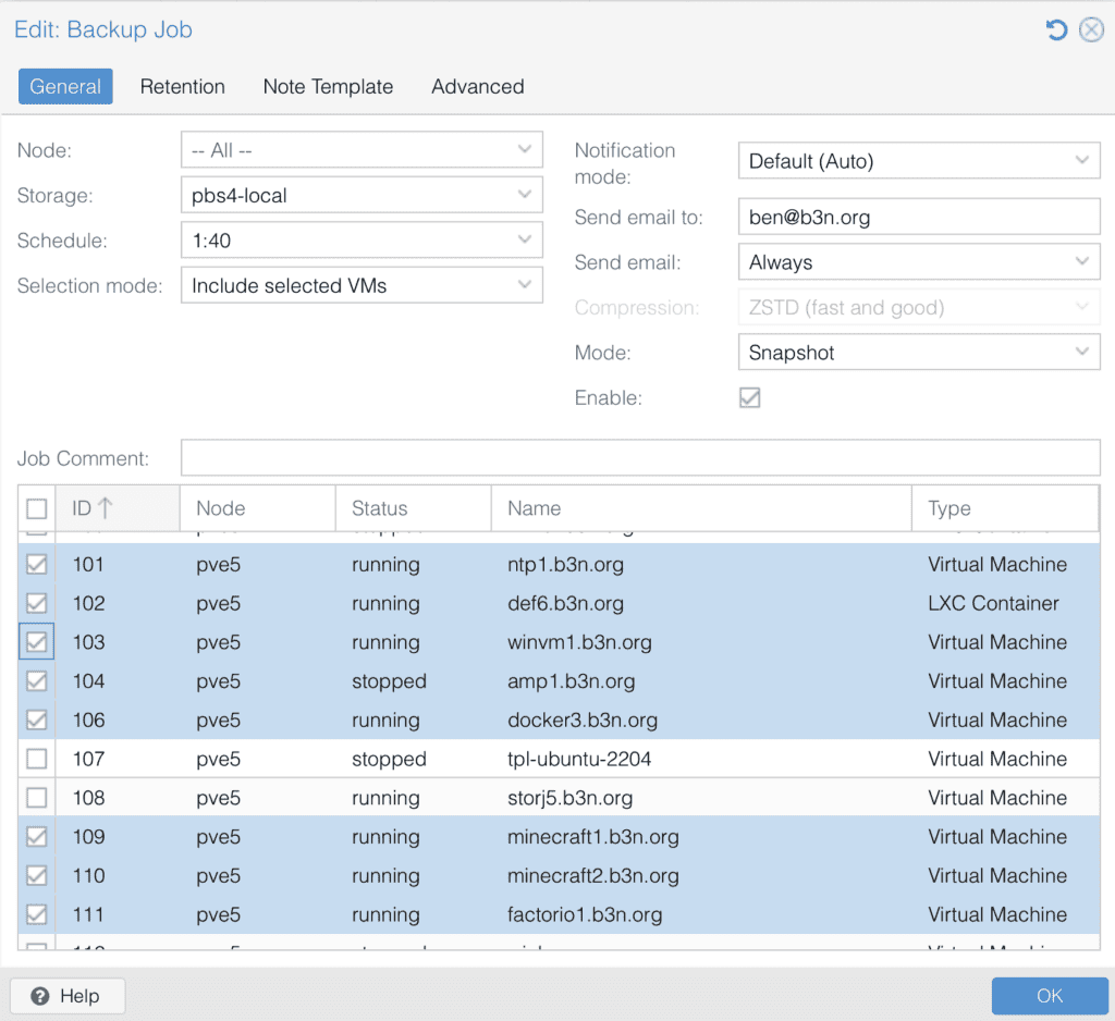 Proxmox screen showing backup configuration