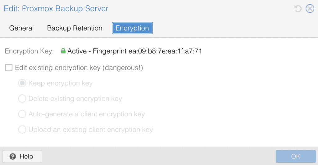 Proxmox screen showing backup encryption settings