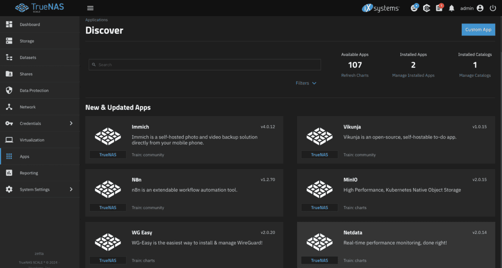 TrueNAS screen showing list of apps you can install