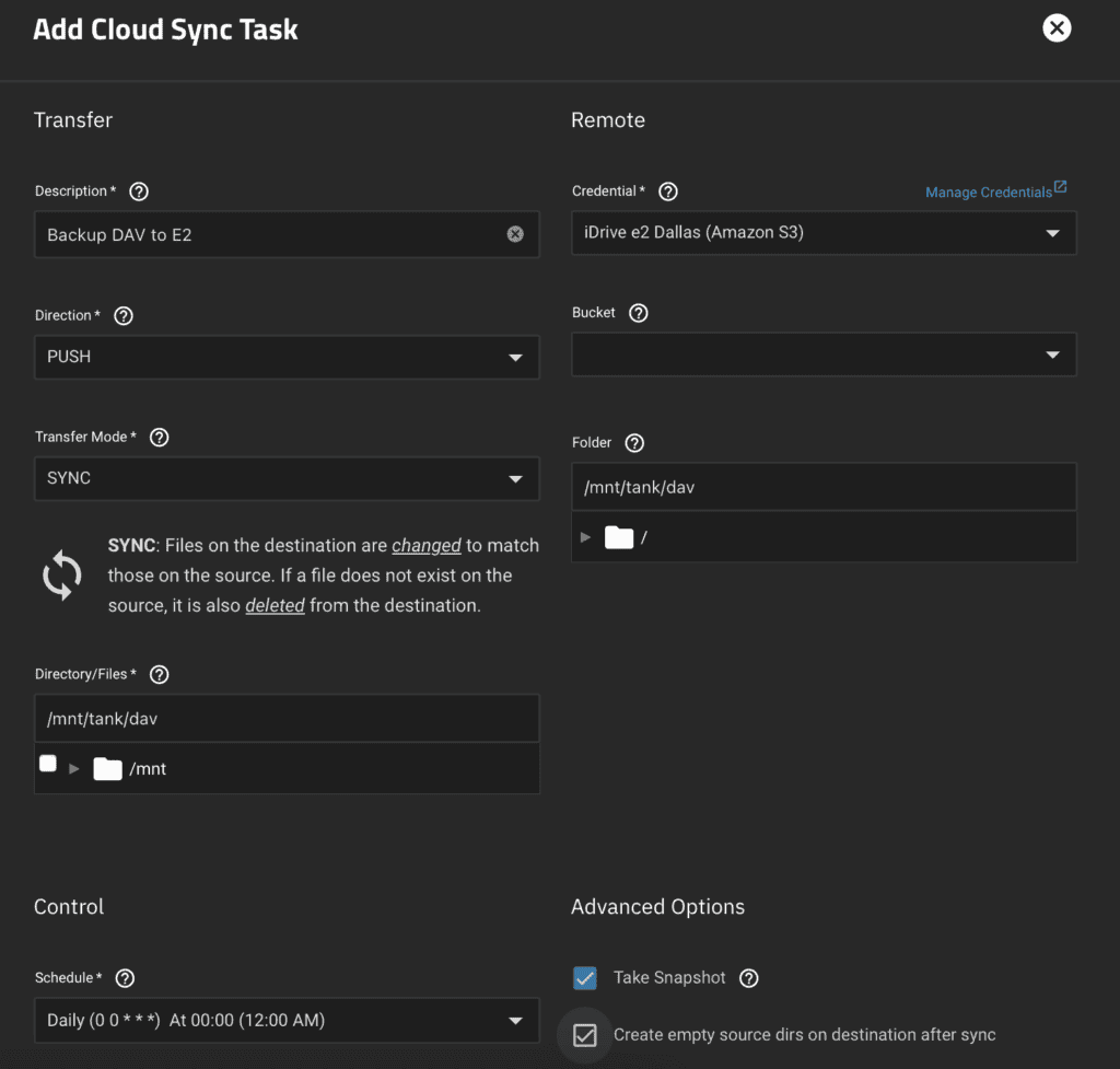 TrueNAS screen showing Cloud Sync Task