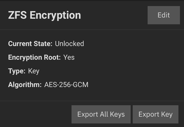 TrueNAS screen showing Encryption configuration