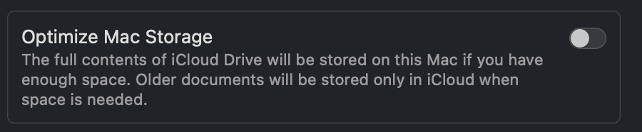Optimize Mac Storage screenshot with a disabled setting.