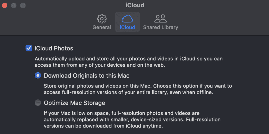 iCloud settings screenshot for Photos showing Download Originals to this Mac selected