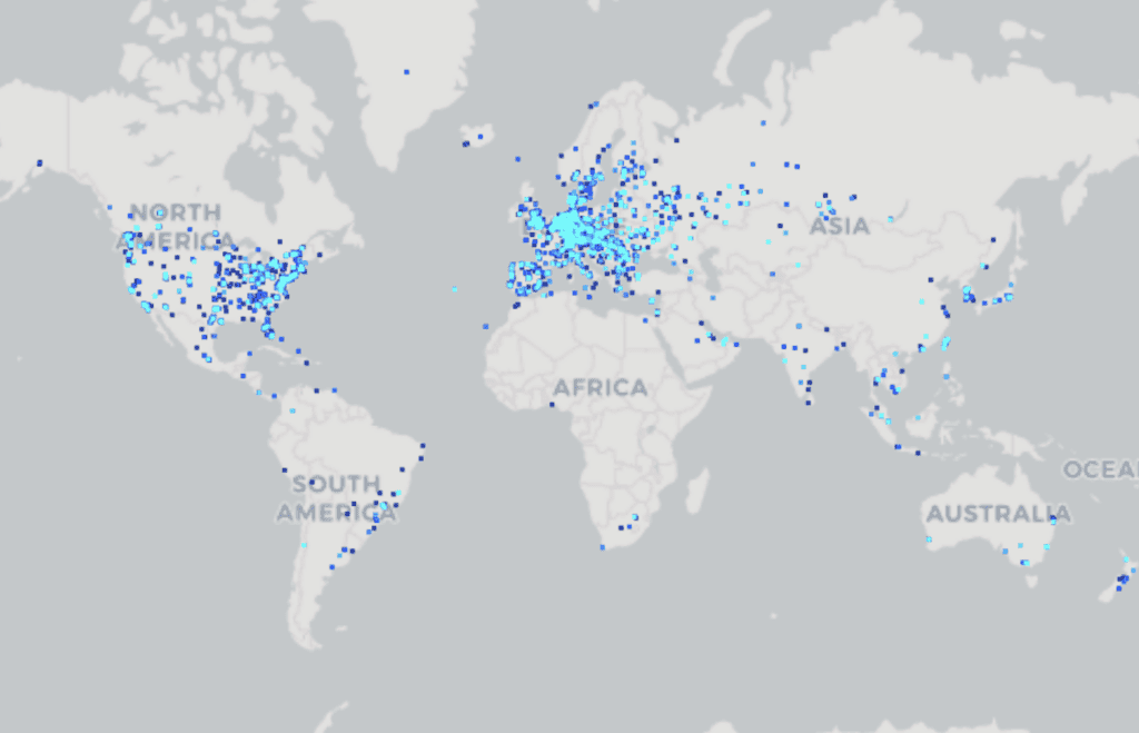 World map showing StorJ node locations (there are a lot).