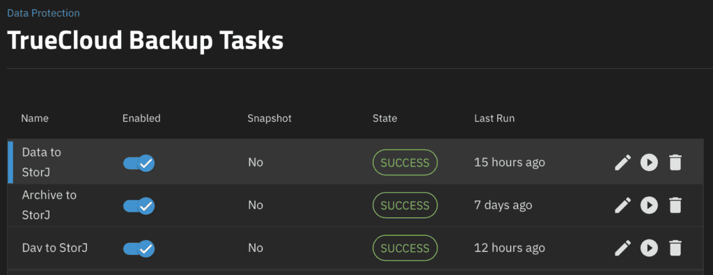 Screenshot of TrueCloud Backup Tasks schedule