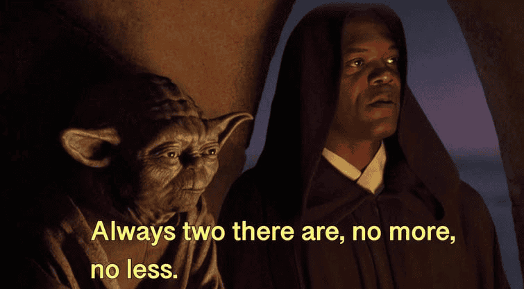 Meme of Yoda - Always two there are, n more, no less.