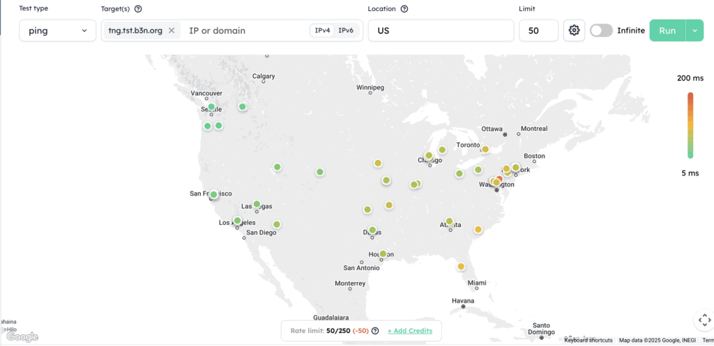 Globalping HTTP test screenshot showing solid green for Ting across nodes in the US with a few yellows and a couple oranges.