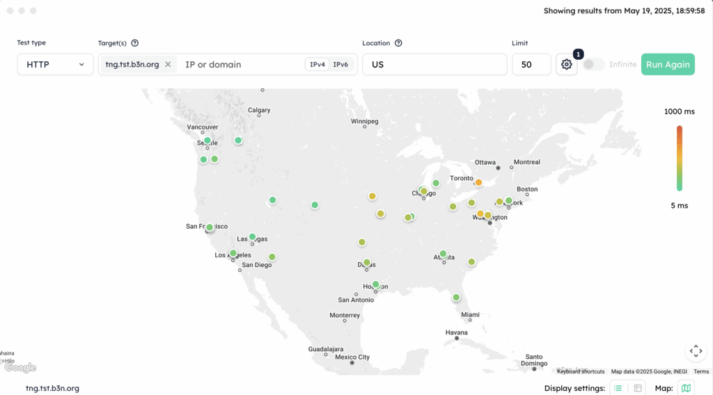 Globalping HTTP test screenshot showing green for Ting across nodes in the US but a few yellows in the Midwest and Eastern United States.