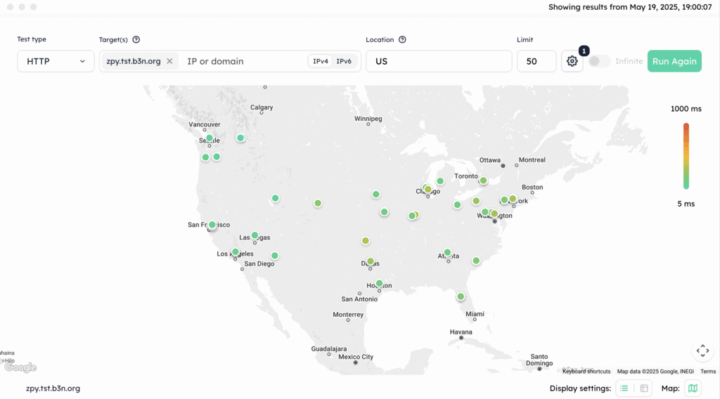 Globalping HTTP test screenshot showing green for Ziply across nodes in the US.