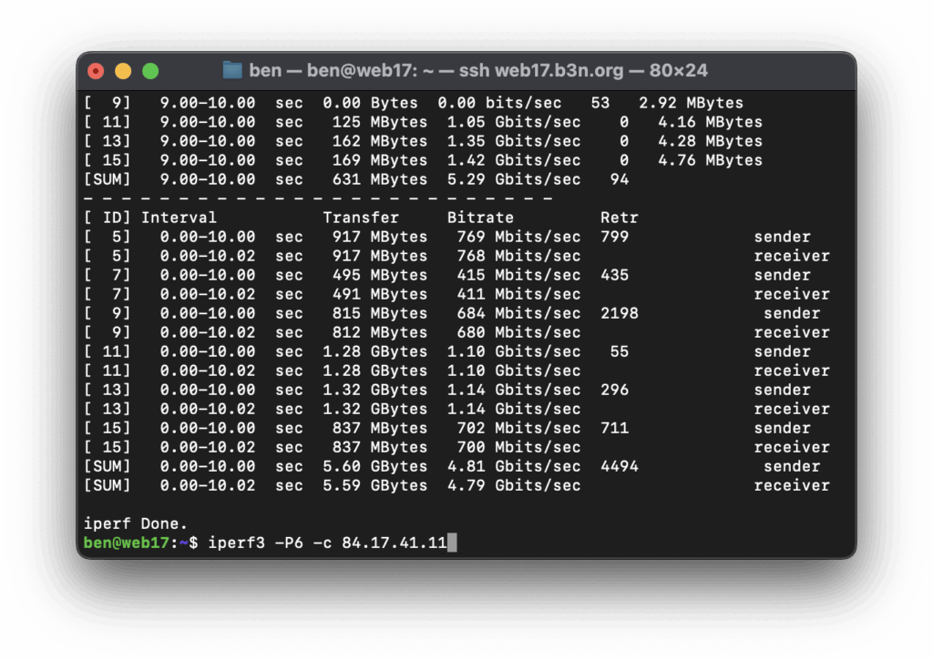 Screenshot of iperf3 results showing network performance metrics and transfer rates over 10 seconds. Birate is 4.79 Gbps