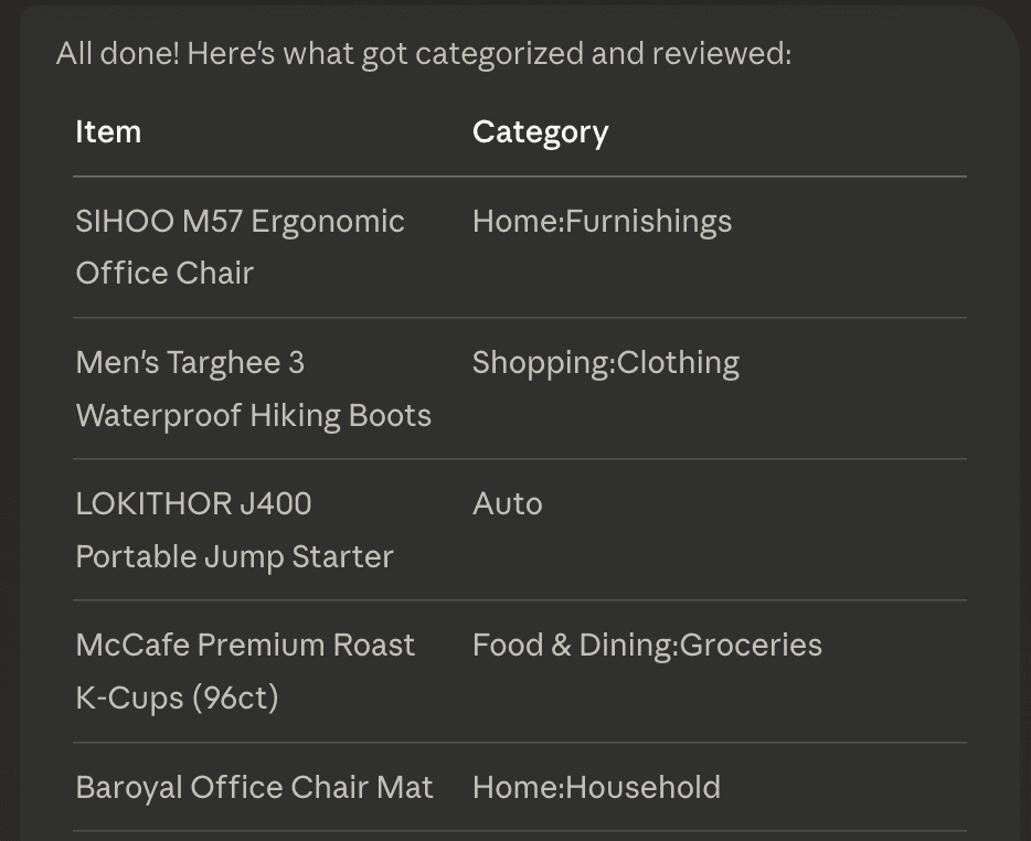 Screenshot of claude categorizing transactions